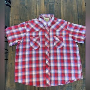 Men’s Short Sleeve Wrangler Snap Button Collared Shirt XXL Red White Blue